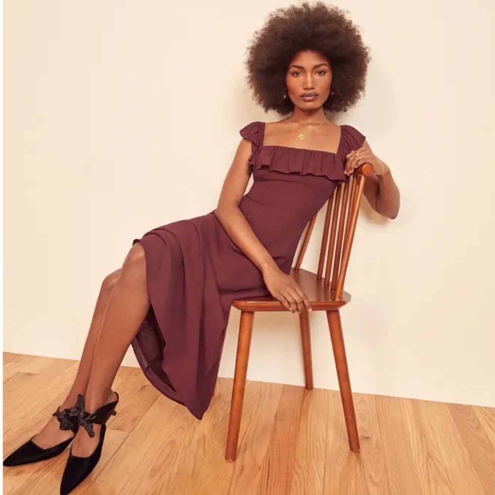 Reformation Collette Ruffle Square Neck Midi Dress
